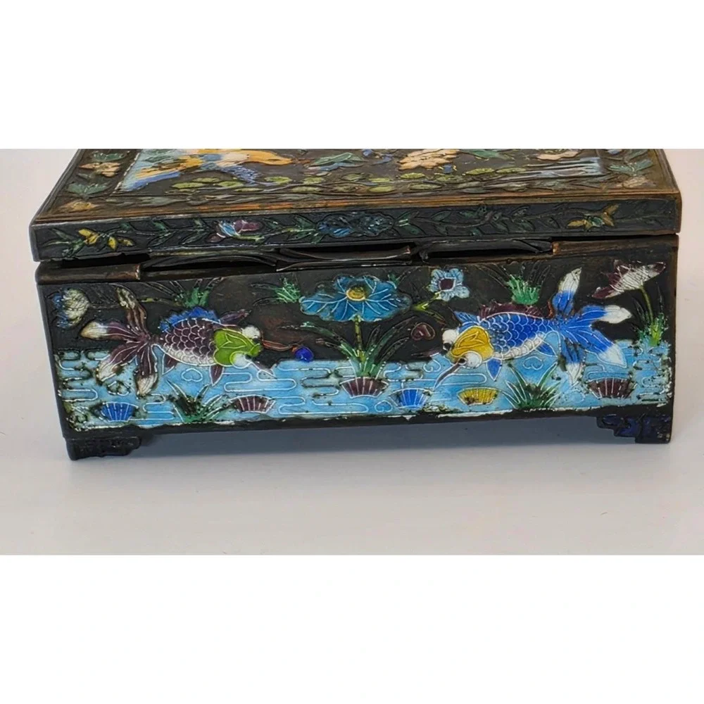 Vintage Chinese Cloisonne Enamel Jewelry Box Bird Koi Fish Champleve Wood Lined